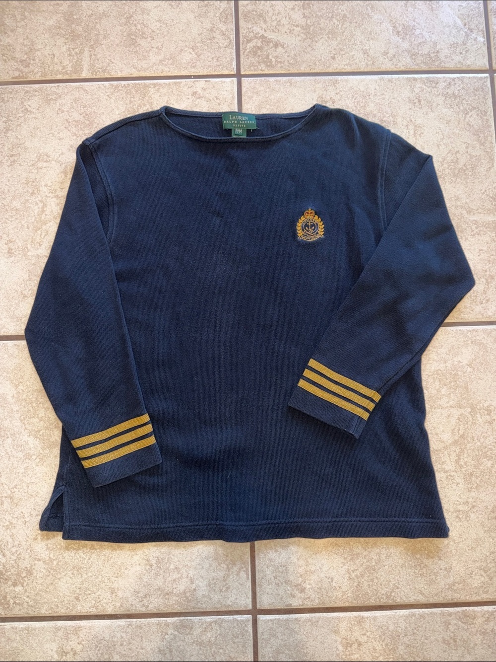 Lauren Ralph Lauren Navy Pullover with Gold Crest and Cuff Stripes